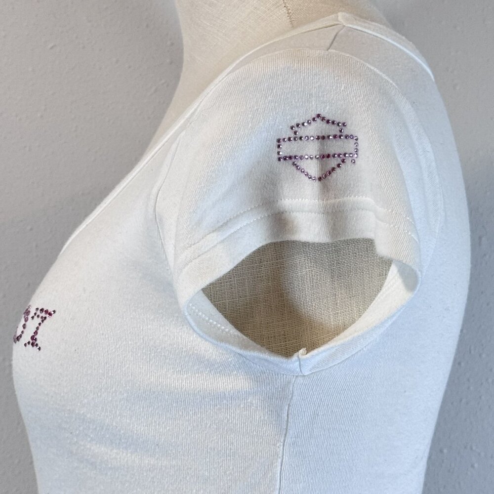 Harley-Davidson Womens White Sturgis 2007 T-Shirt Pink Rhinestone Logo Size S - Picture 3 of 15